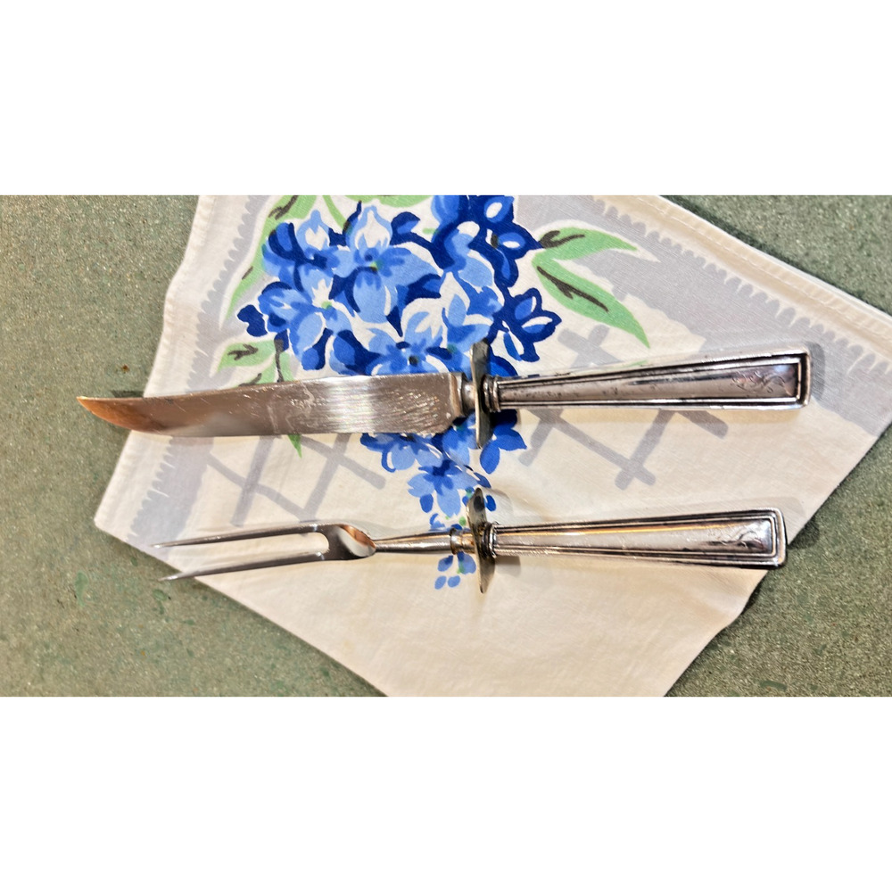 Vintage Silverplate Carving Set Knife & Fork Monogrammed Handles Art Deco